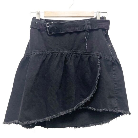 Zara Black Denim Jean Skirt Asymmetric Raw Hem Belted Size Small NEW Y2K Emo - Picture 1 of 14